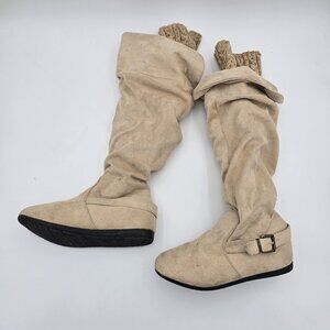 Tan Faux Suede Slouch Knee High Boots With Knit Cuffs Buckle Strap Detail Casual